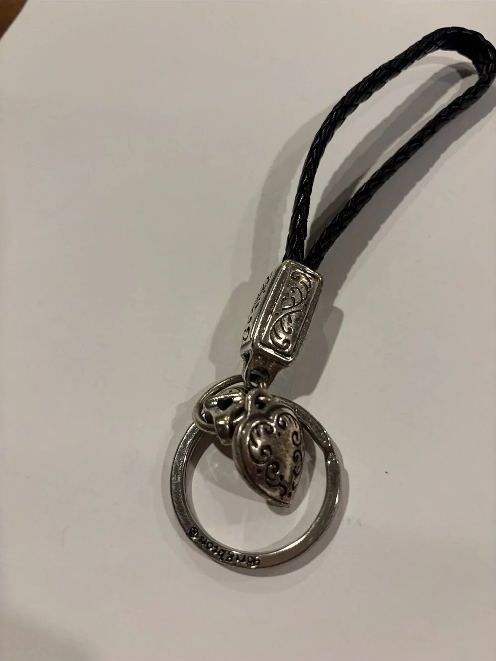 NWOT Brighton Silver Scroll Heart Black Braided Leather Keychain